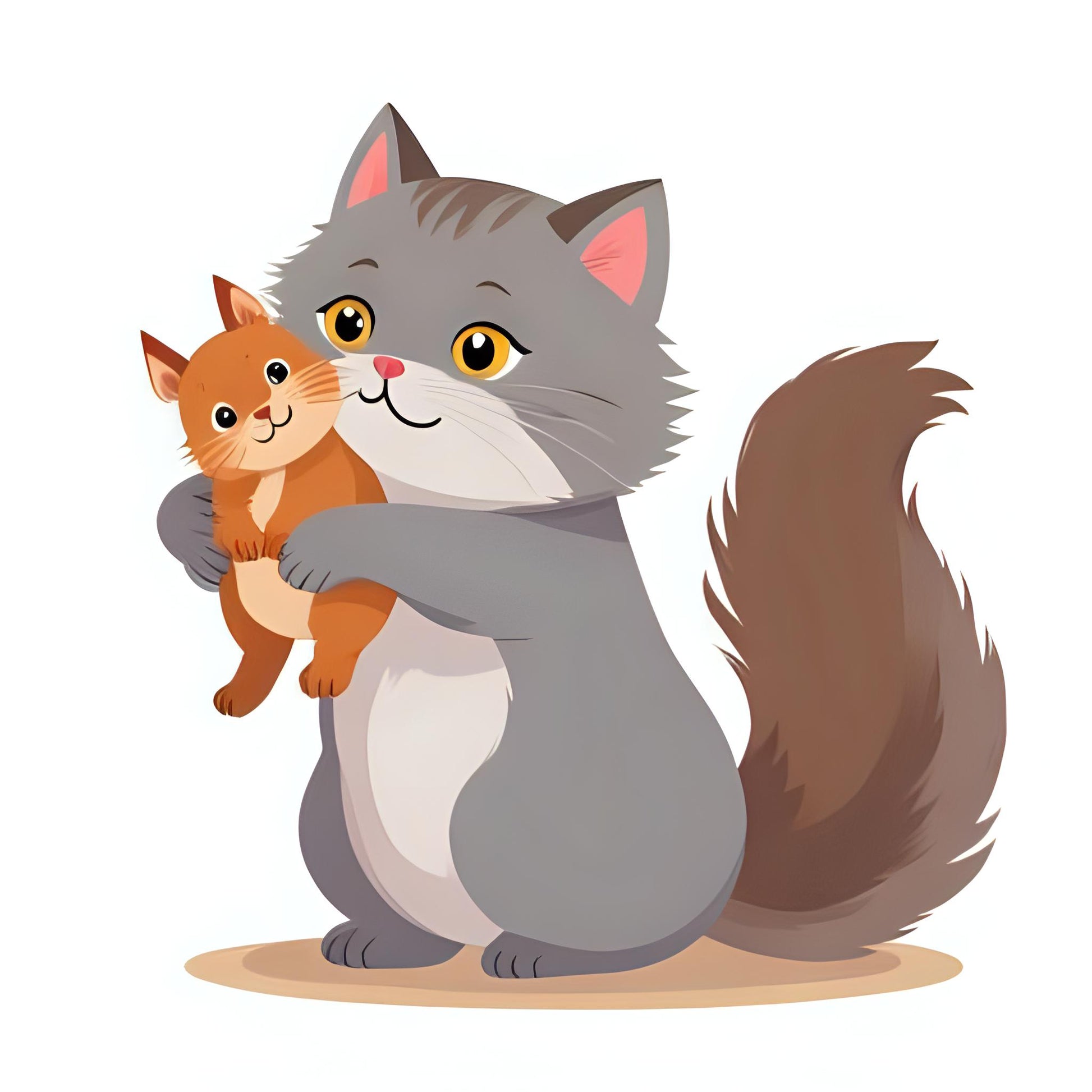Cartoon cat holding a small orange creature on a white background