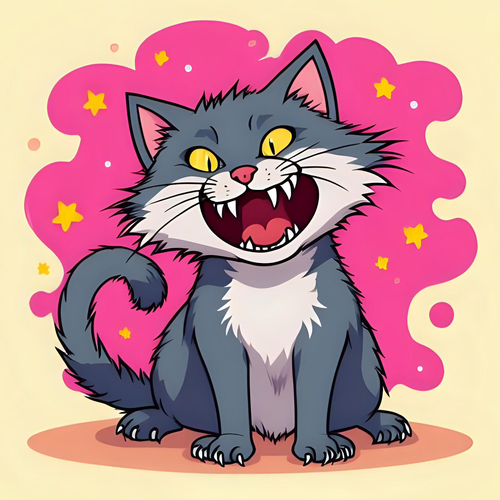 Cartoon cat with an angry expression on a pink and yellow background