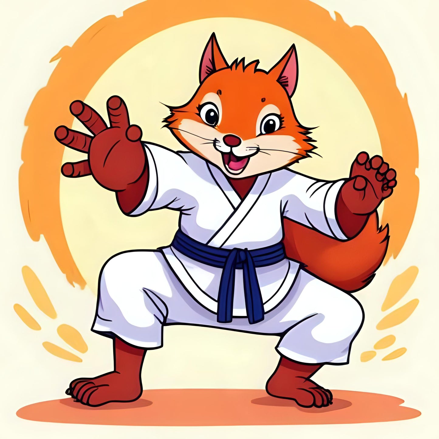 Cartoon fox character in a white martial arts uniform with a blue belt, making a peace sign against an orange and yellow circular background.