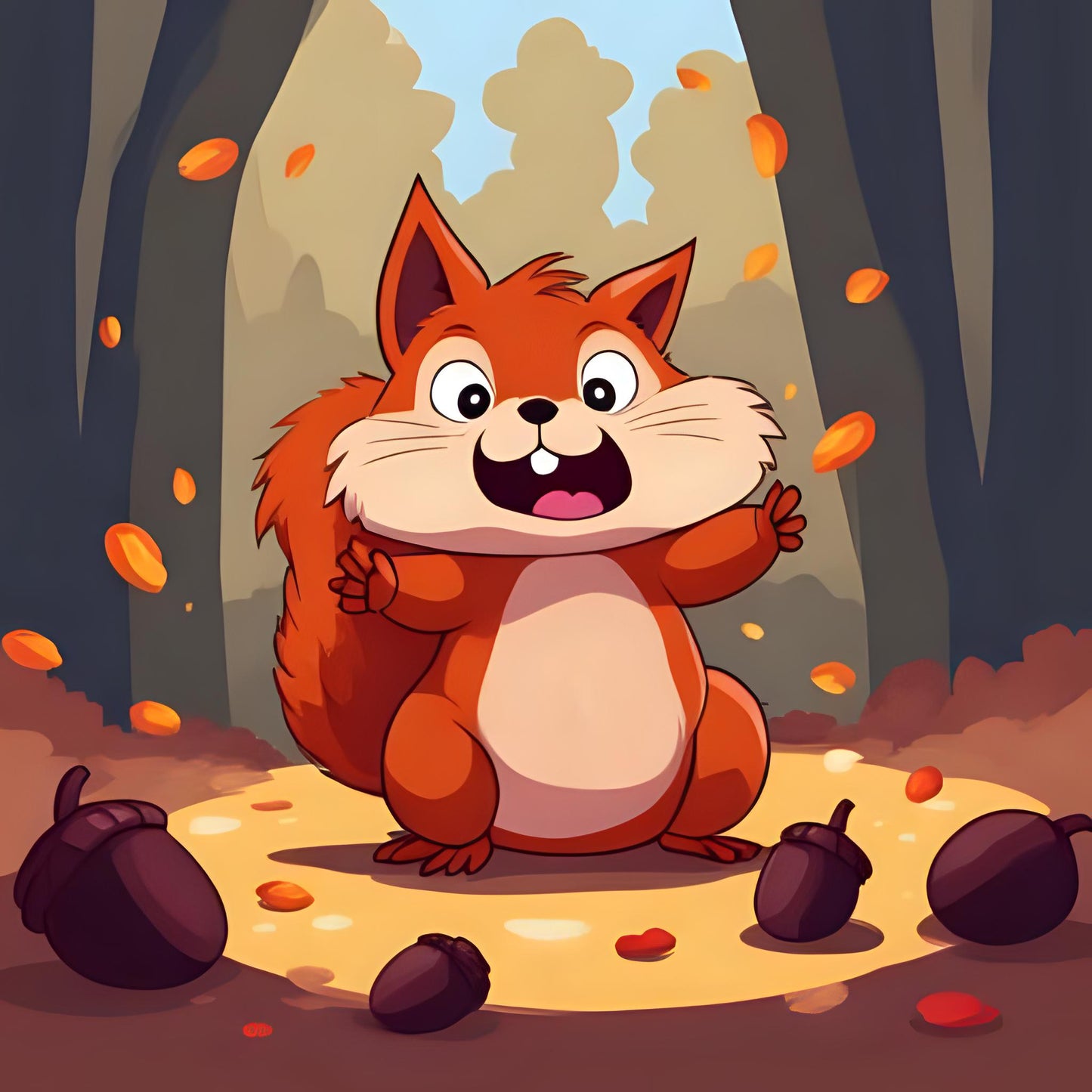Cartoon fox in a forest with autumn leaves and acorns