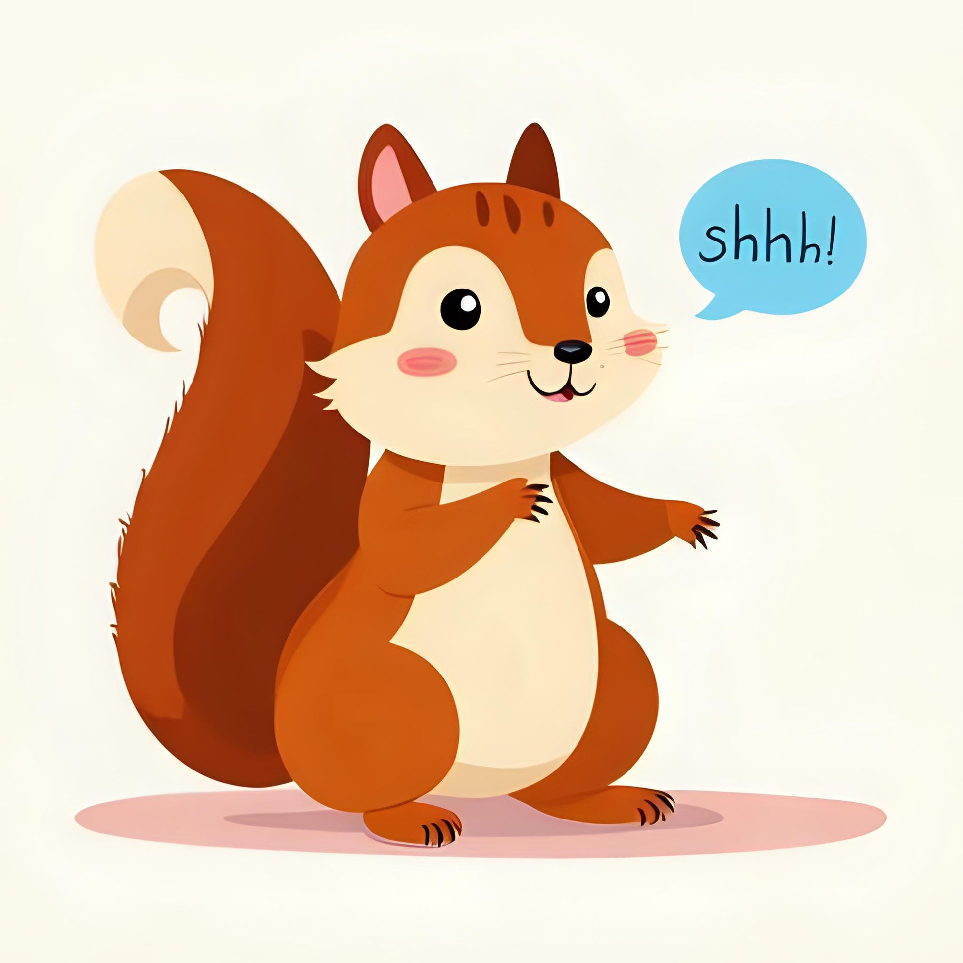 Cartoon squirrel with a 'shhh!' speech bubble on a light beige background