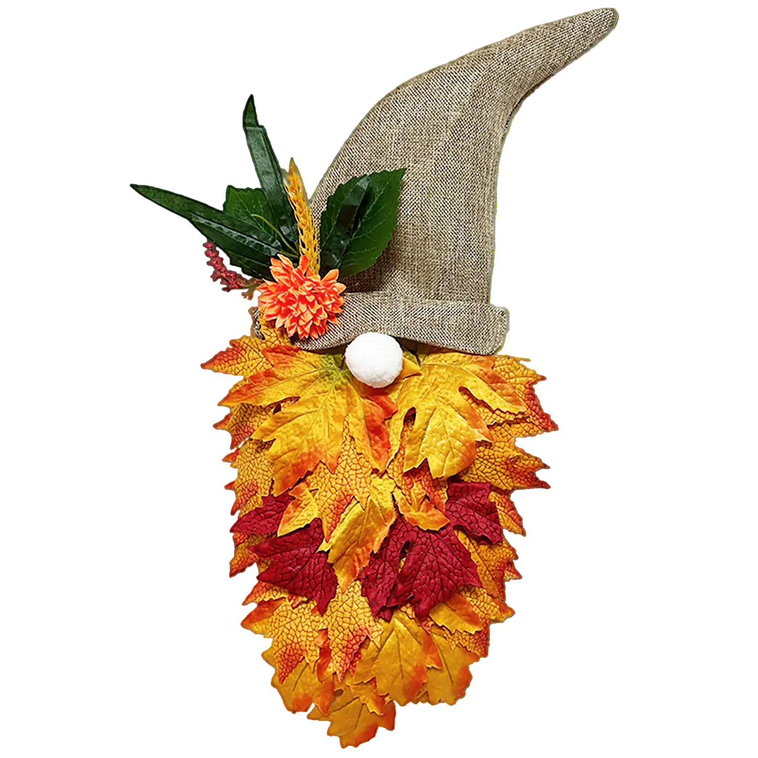 Decorative gnome with autumn leaves and a straw hat on a white background