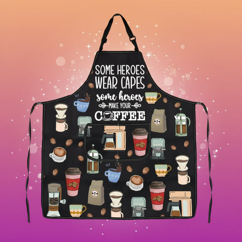 Black apron with coffee-themed designs and text on a white background