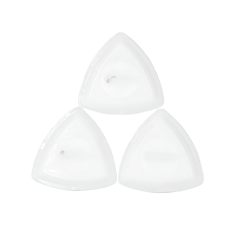 Three white triangular objects on a white background
