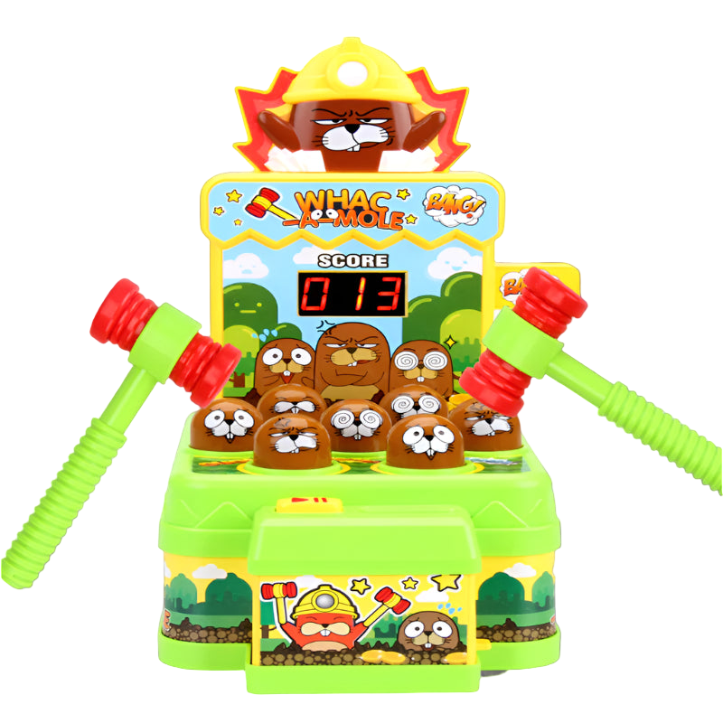 Colorful toy with cartoon mole design and score display on a white background