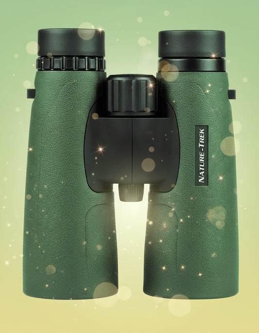 Green binoculars with black accents on a white background, featuring the brand 'Nature Trek'.