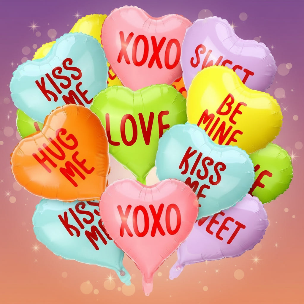 Heart-shaped balloons with love-themed text in various colors on a white background
