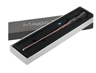 Magic wand with a black handle and silver top in a white box on a white background
