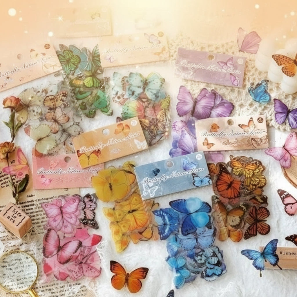 Collection of colorful butterfly-themed hair accessories on a textured surface.