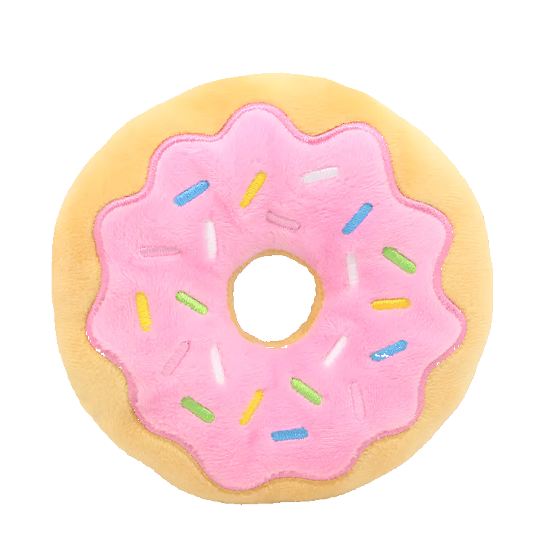 Donut-shaped plush toy with pink icing and colorful sprinkles on a white background, with dimensions indicated.