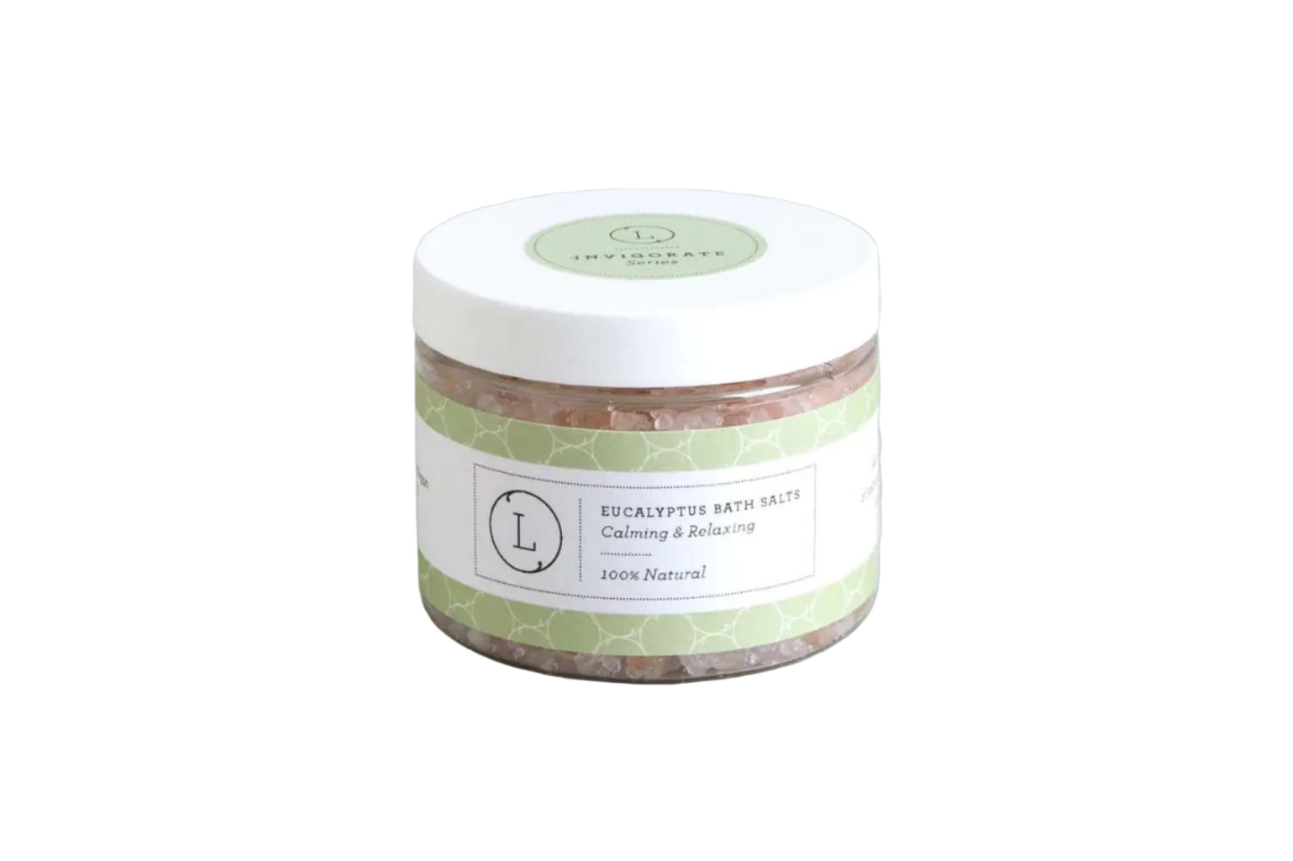 Jar of Eucalyptus Bath Salts with a white label on a light gray background