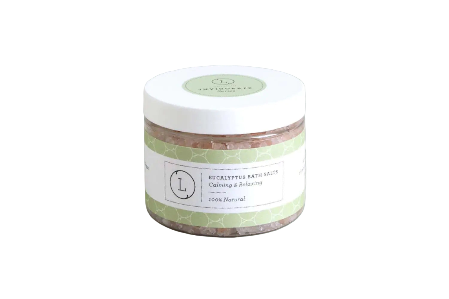Jar of Eucalyptus Bath Salts with a white label on a light gray background