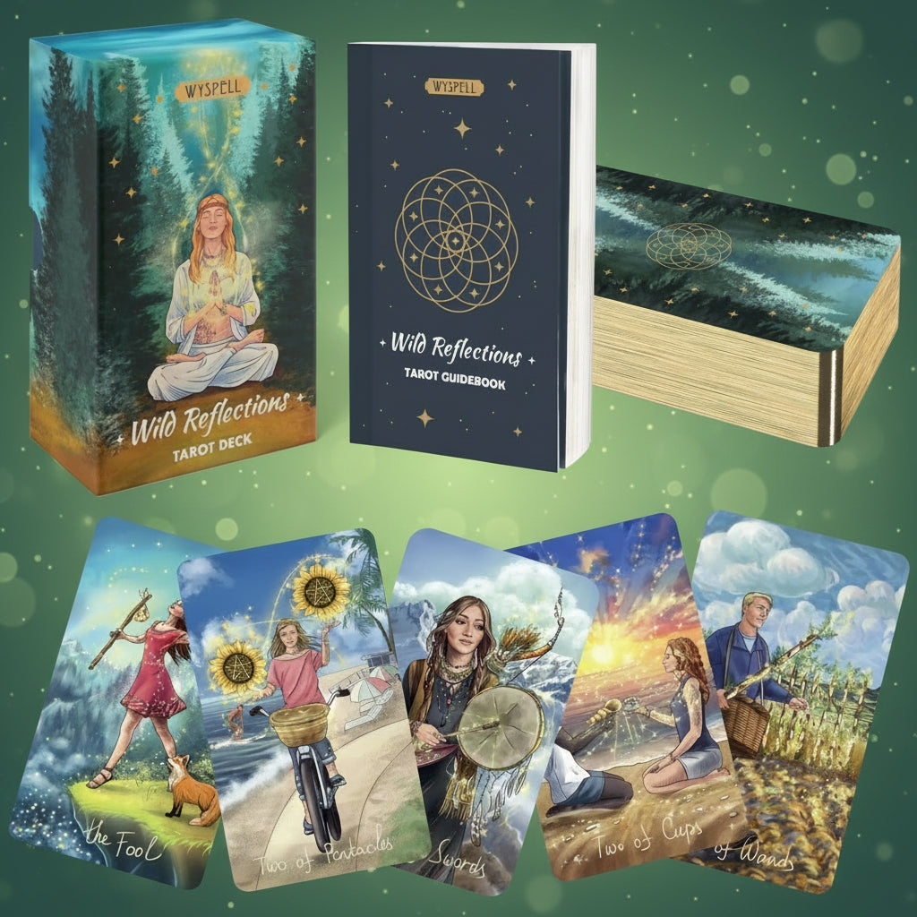 Wyspell Wild Reflections Tarot Deck packaging with cards displayed.