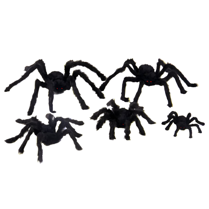 Black toy spiders on a white background