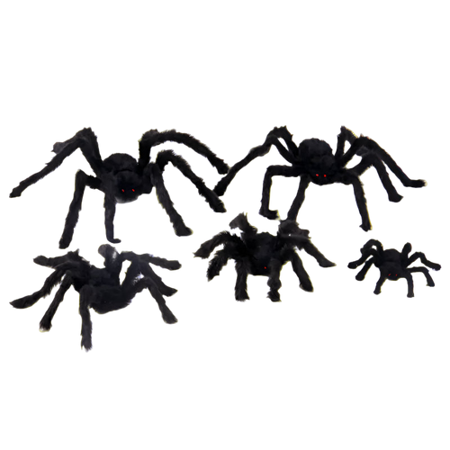 Black toy spiders on a white background