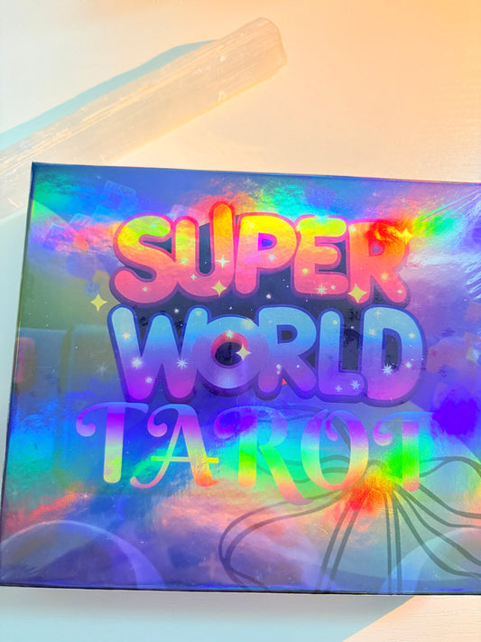 Holographic card with 'Super World' text on a colorful background