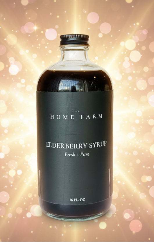Bottle of Elderberry Syrup from The Home Farm on a light blue background
