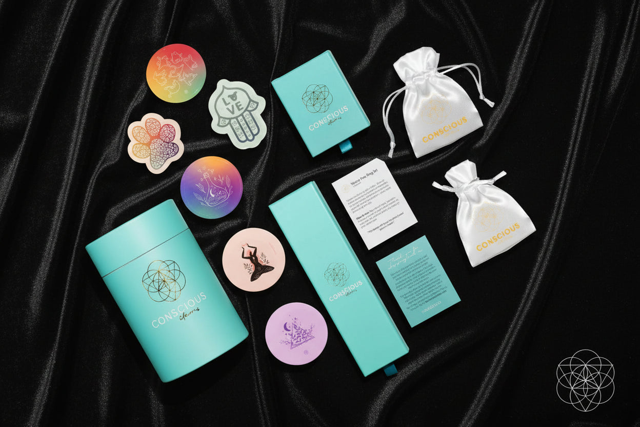 Collection of colorful items including notebooks, cards, and pouches with a brand logo on a white background.
