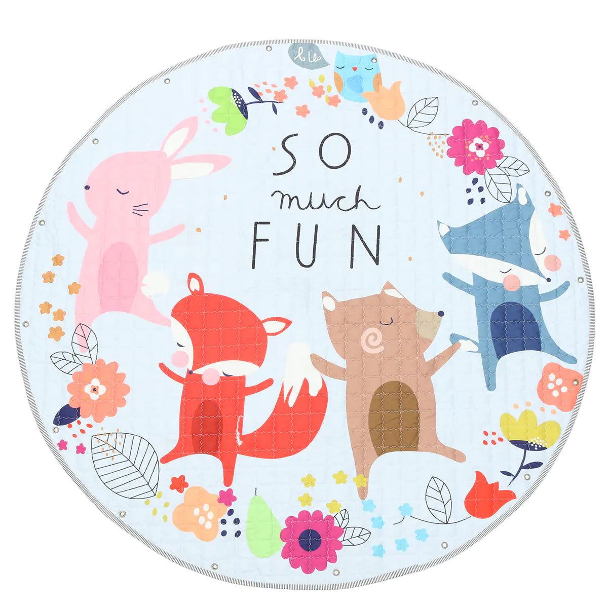 Round mat with cartoon animals and 'So much fun' text on a white background