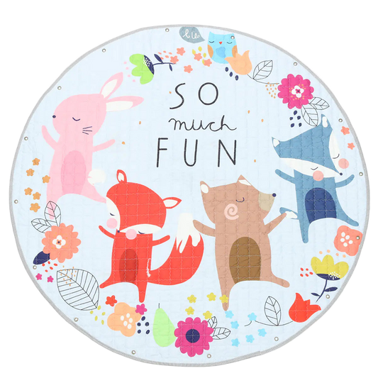 Round mat with cartoon animals and 'So much fun' text on a white background
