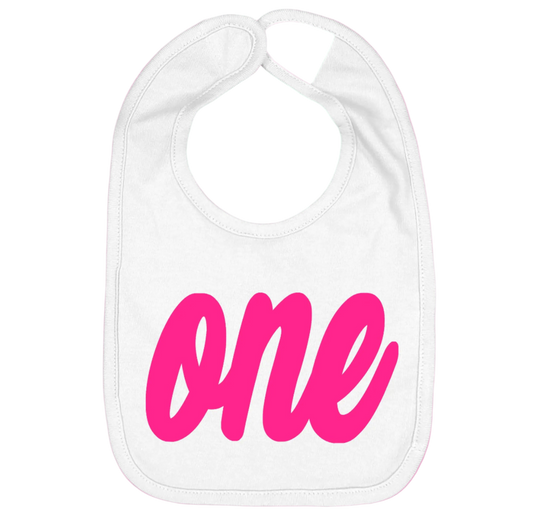 White baby bib with pink 'one' text on a white background