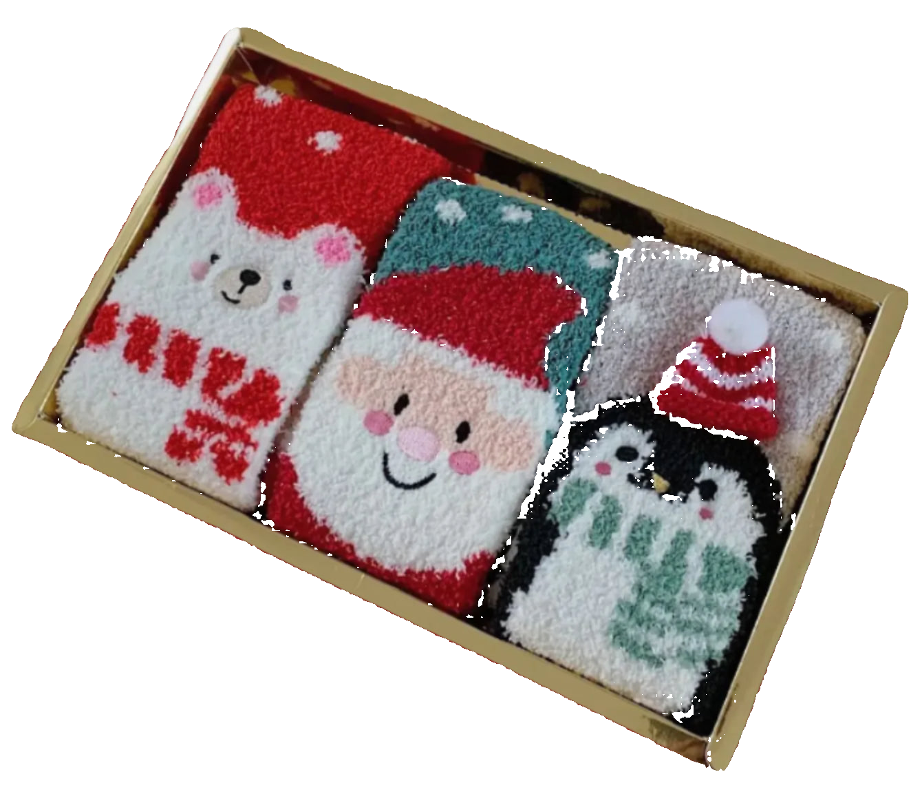 Set of three cartoon-themed socks in a box on a white background
