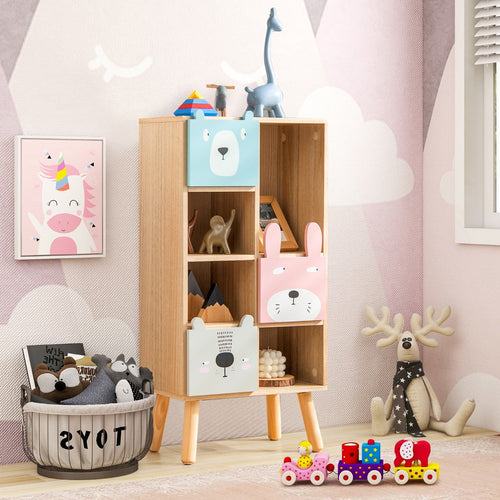Children's room with a wooden shelf featuring animal-themed doors, toys, and decor.