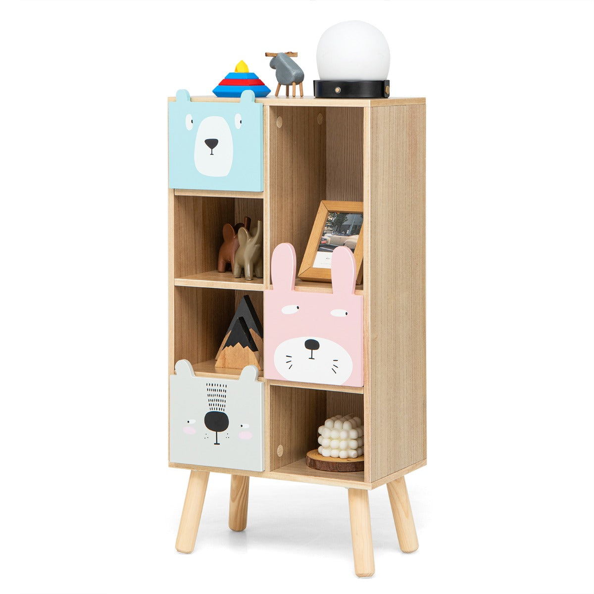 Children's wooden bookshelf with animal-themed doors on a white background