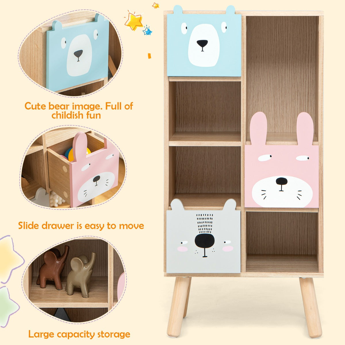 Children's bookshelf with cartoon animal faces on a light yellow background