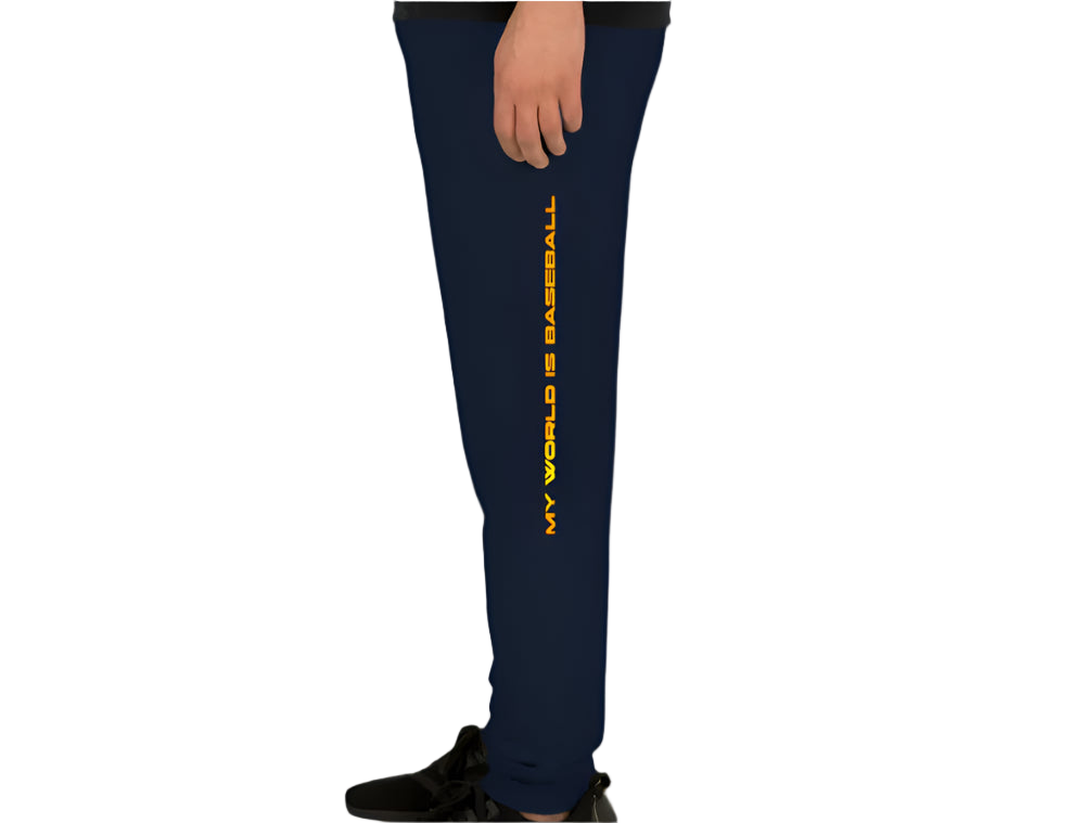 Navy blue sweatpants with yellow text on a white background