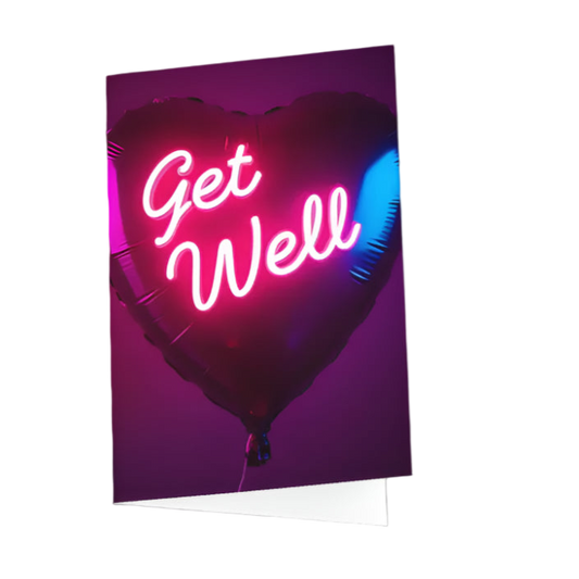 Neon sign with 'Get Well' text on a purple background
