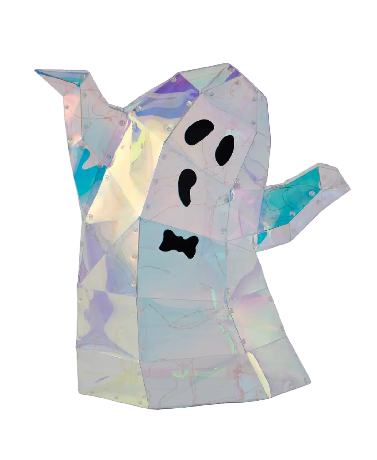 Iridescent ghost costume with black bow tie on a white background