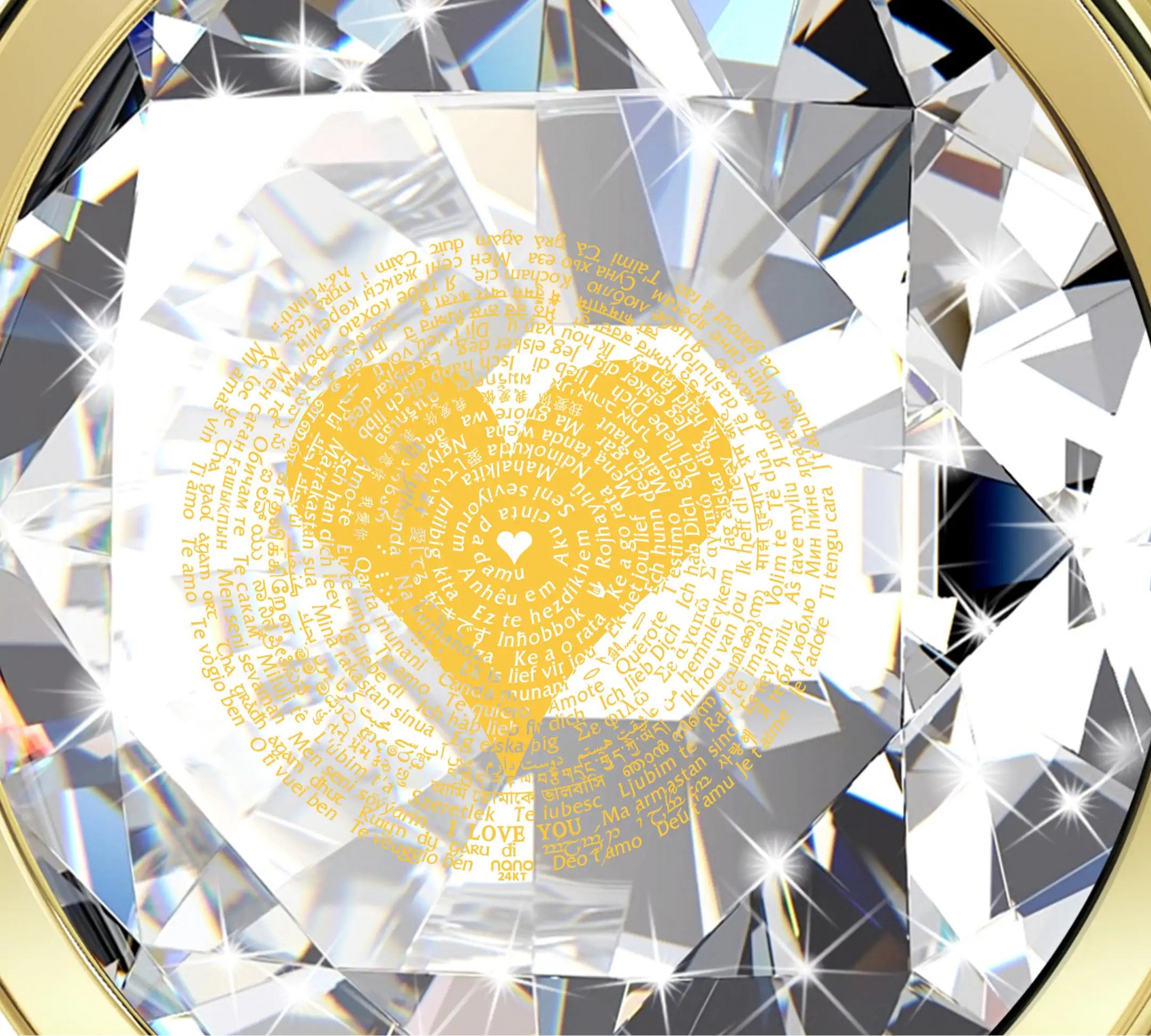 Gold heart design inside a diamond-shaped window with a gold border