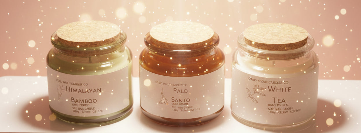 Three candles with cork lids on a gray surface