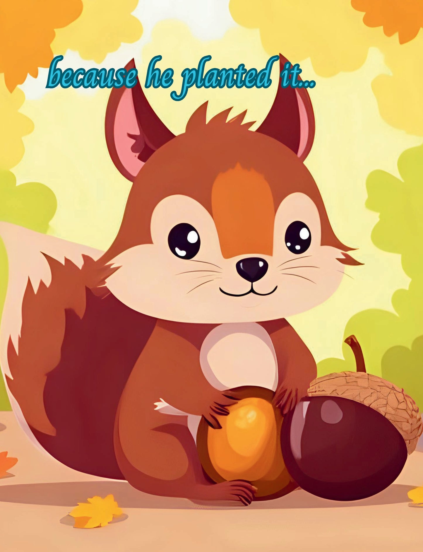 Cartoon squirrel holding two acorns with a fall-themed background