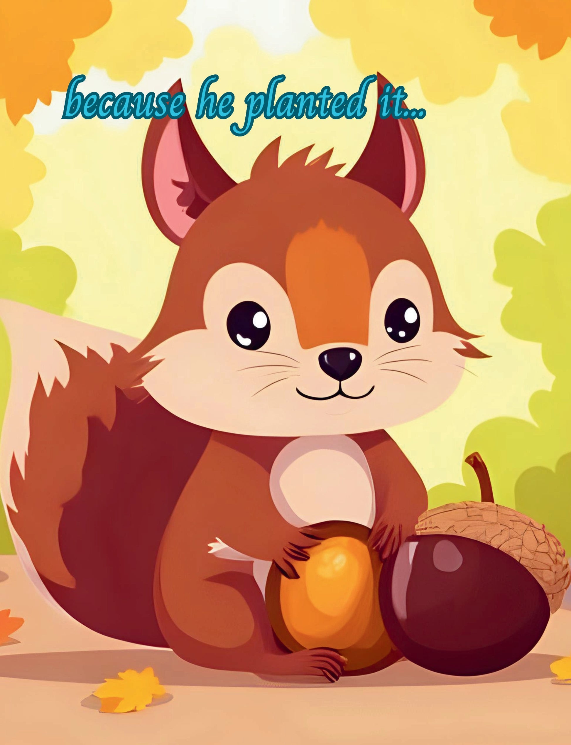 Cartoon squirrel holding two acorns with a fall-themed background