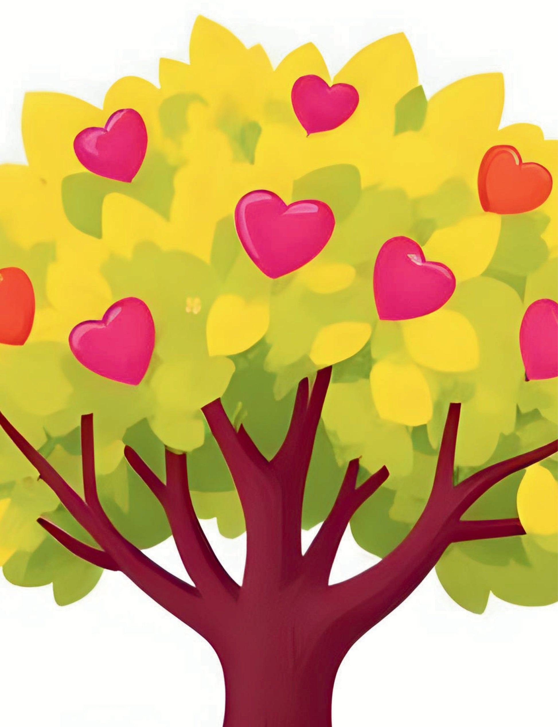 Tree with pink hearts on yellow leaves