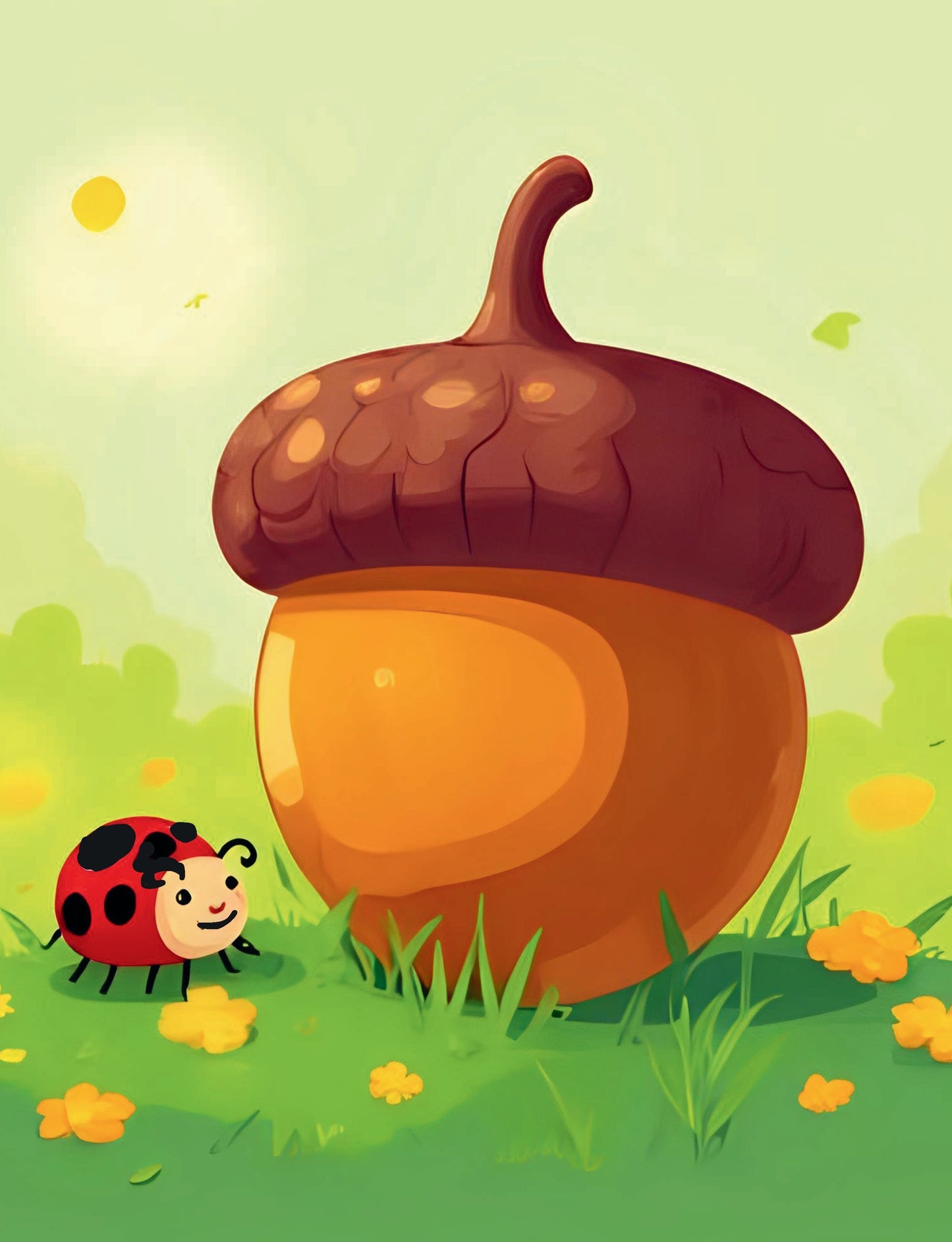 Illustration of a large acorn with a ladybug on a green background
