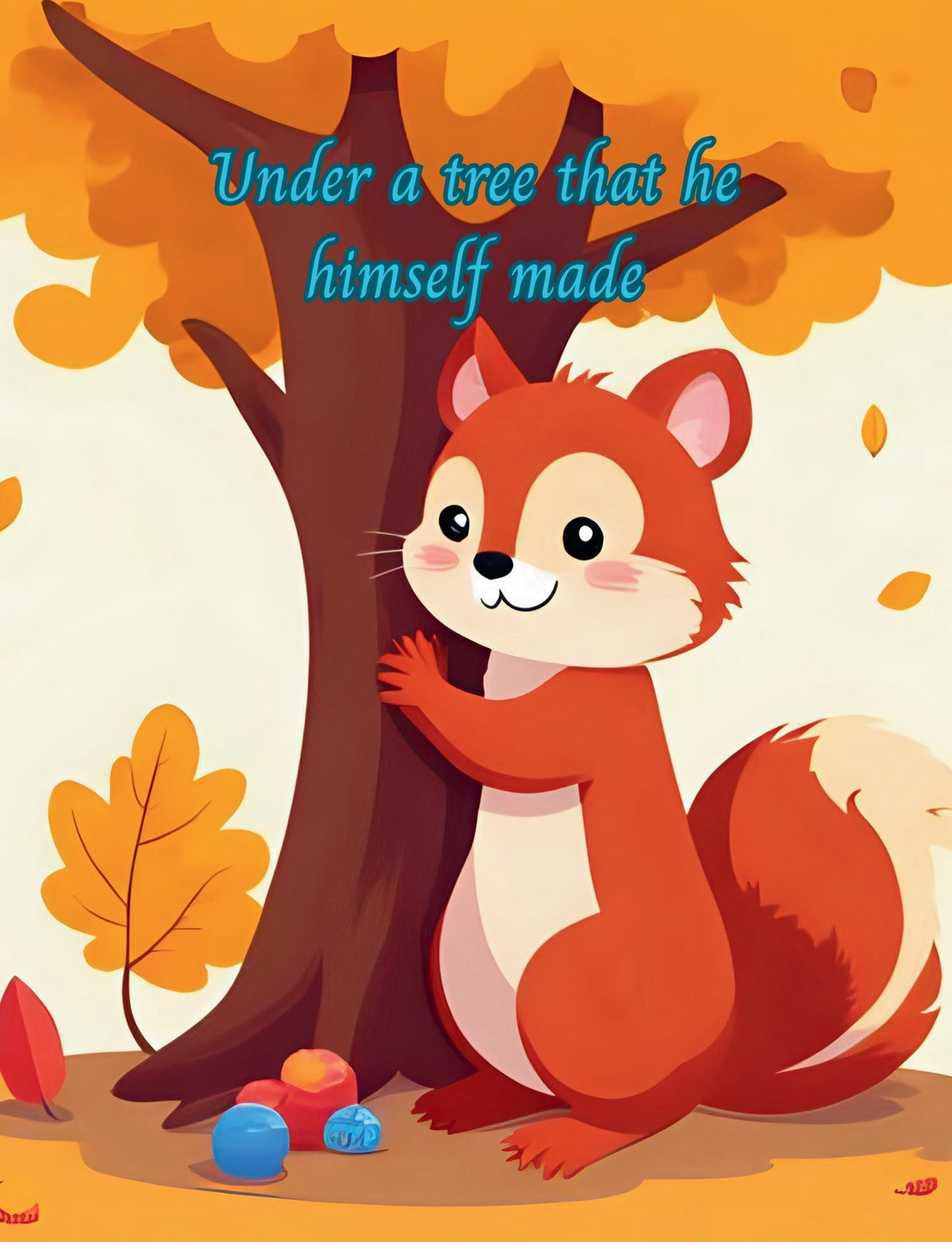 Illustration of a squirrel hugging a tree with autumn leaves and text 'Under a tree that he himself made'.