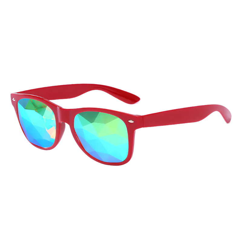 Red sunglasses with blue and green gradient lenses on a white background
