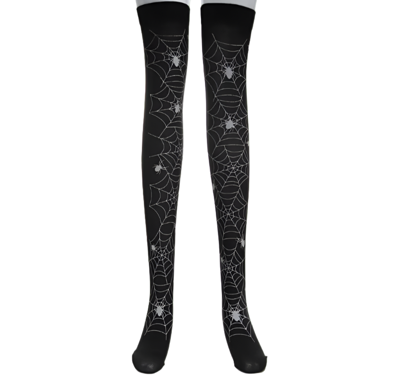 Black knee-high socks with spider web and spider designs on a white background