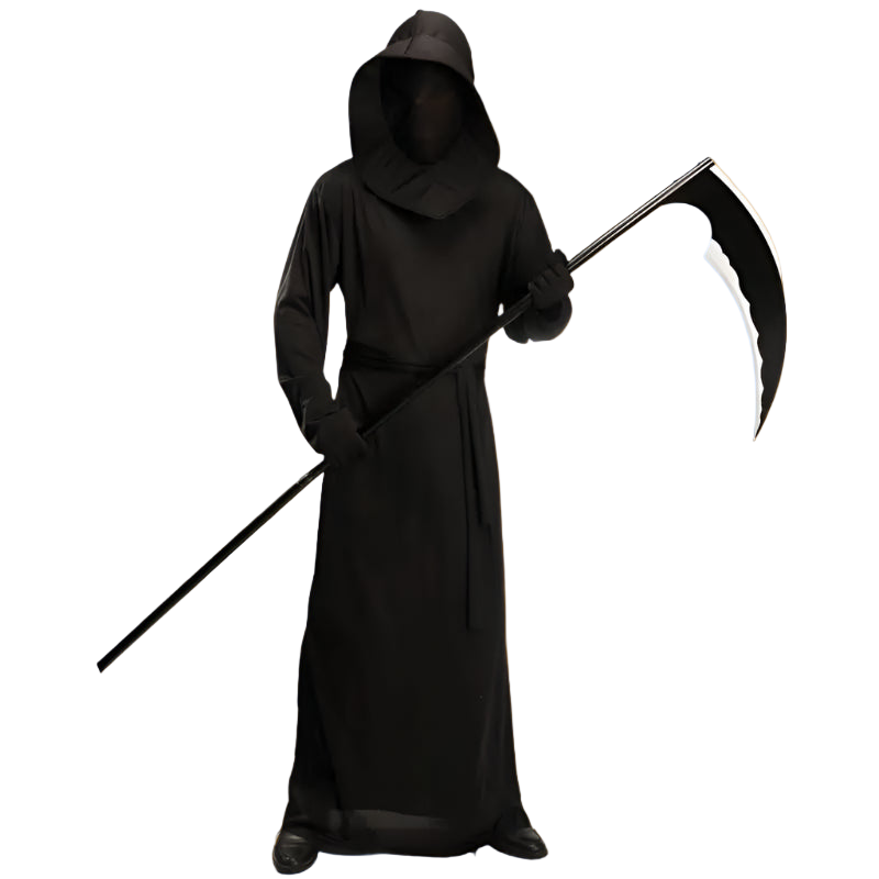 Person wearing a black hooded robe holding a scythe on a white background