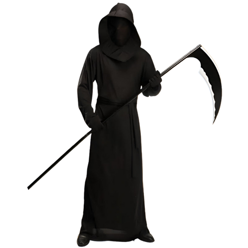 Person wearing a black hooded robe holding a scythe on a white background