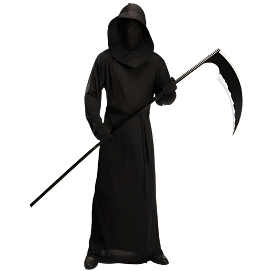 Person wearing a black hooded robe holding a scythe on a white background