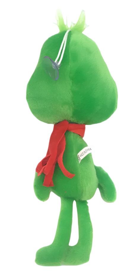 Green plush toy with a red bow tie on a white background