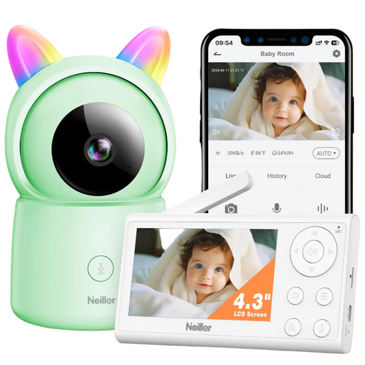 Neillar baby monitor with a camera and display, showing a baby on both the camera and display.