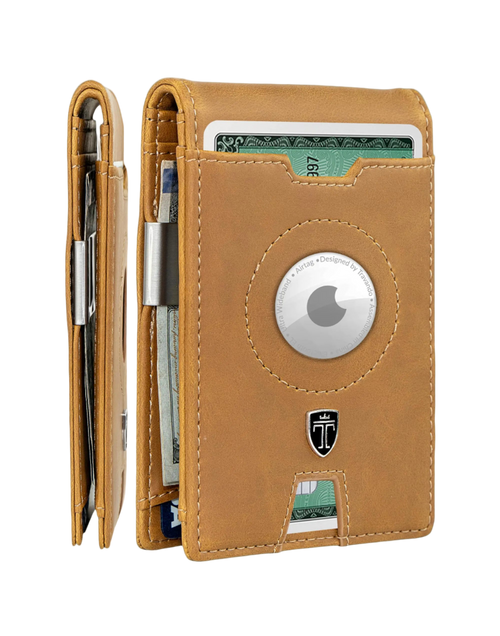 Brown leather wallet with card slots and a circular design on a white background