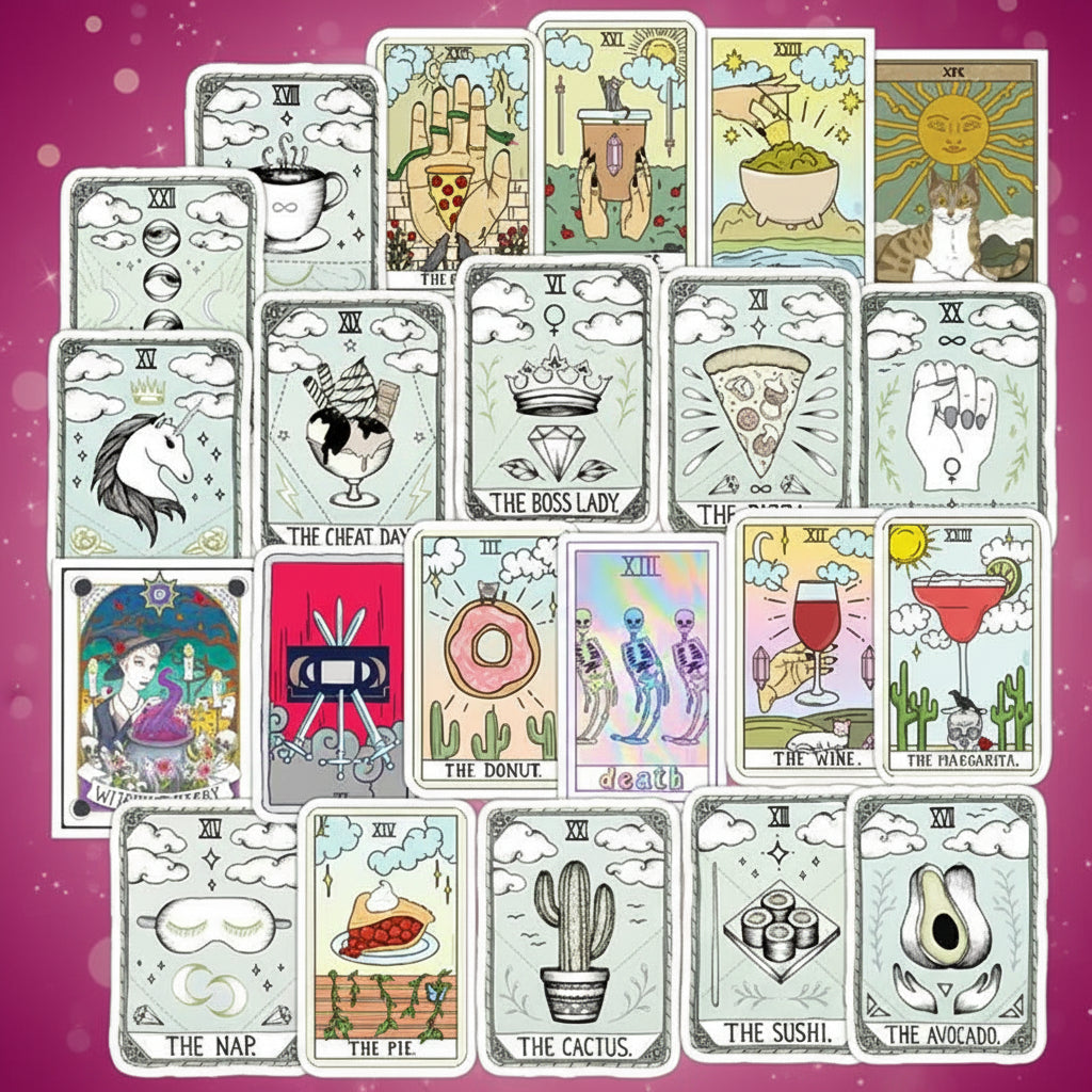 Collection of illustrated tarot cards on a white background
