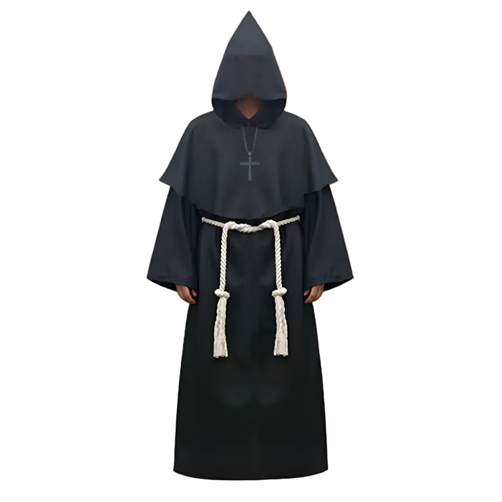Black hooded robe with a belt on a white background