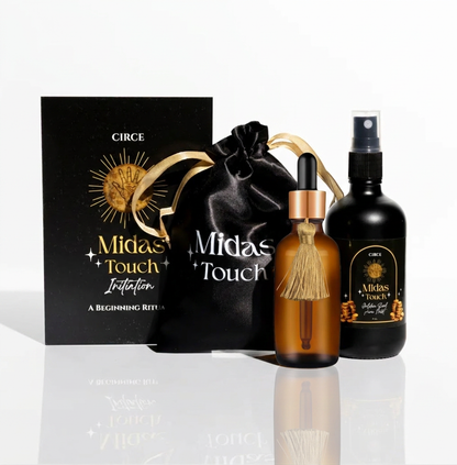 Circe Midas Touch product set including a box, black pouch, and two bottles on a white background